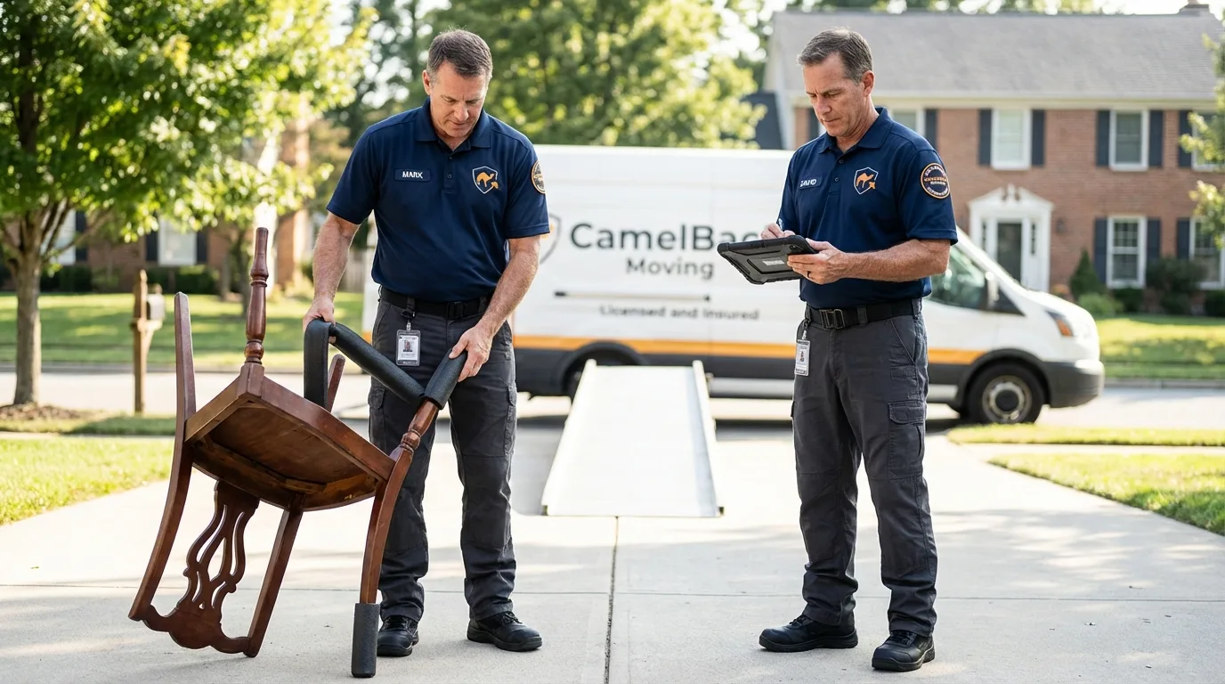 Movers inspecting furniture for damage prevention before loading in Natalbany, LA